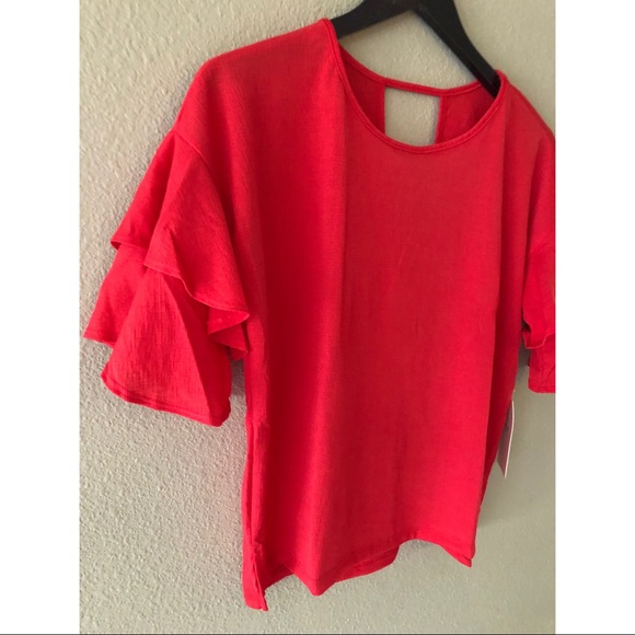 Red ruffle sleeve keyhole cut out  blouse - Picture 4 of 5